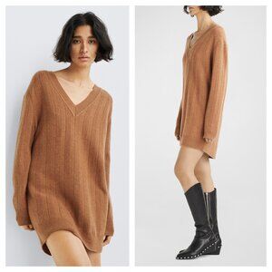 Rag & Bone Durham Herringbone-Knit Cashmere Minidress L Camel Tan/Brown